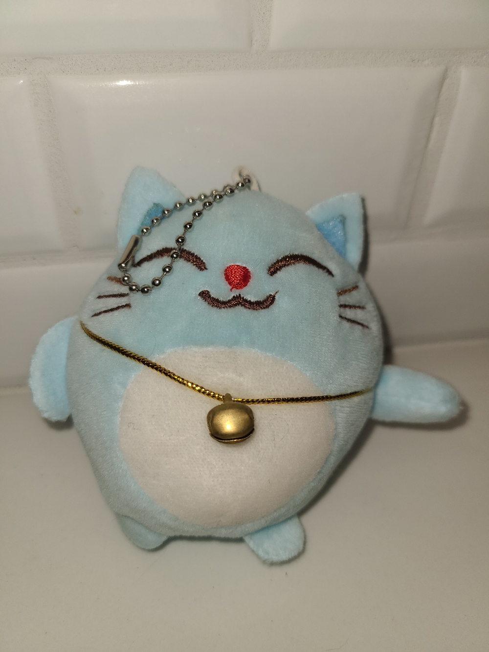 Blue Plush Mini Maneki Neko Cat Keychain with Bell
